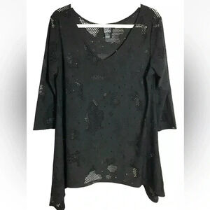 Clara Sun Woo black laser cut tunic floral 3/4 sleeve asymmetrical hem XS